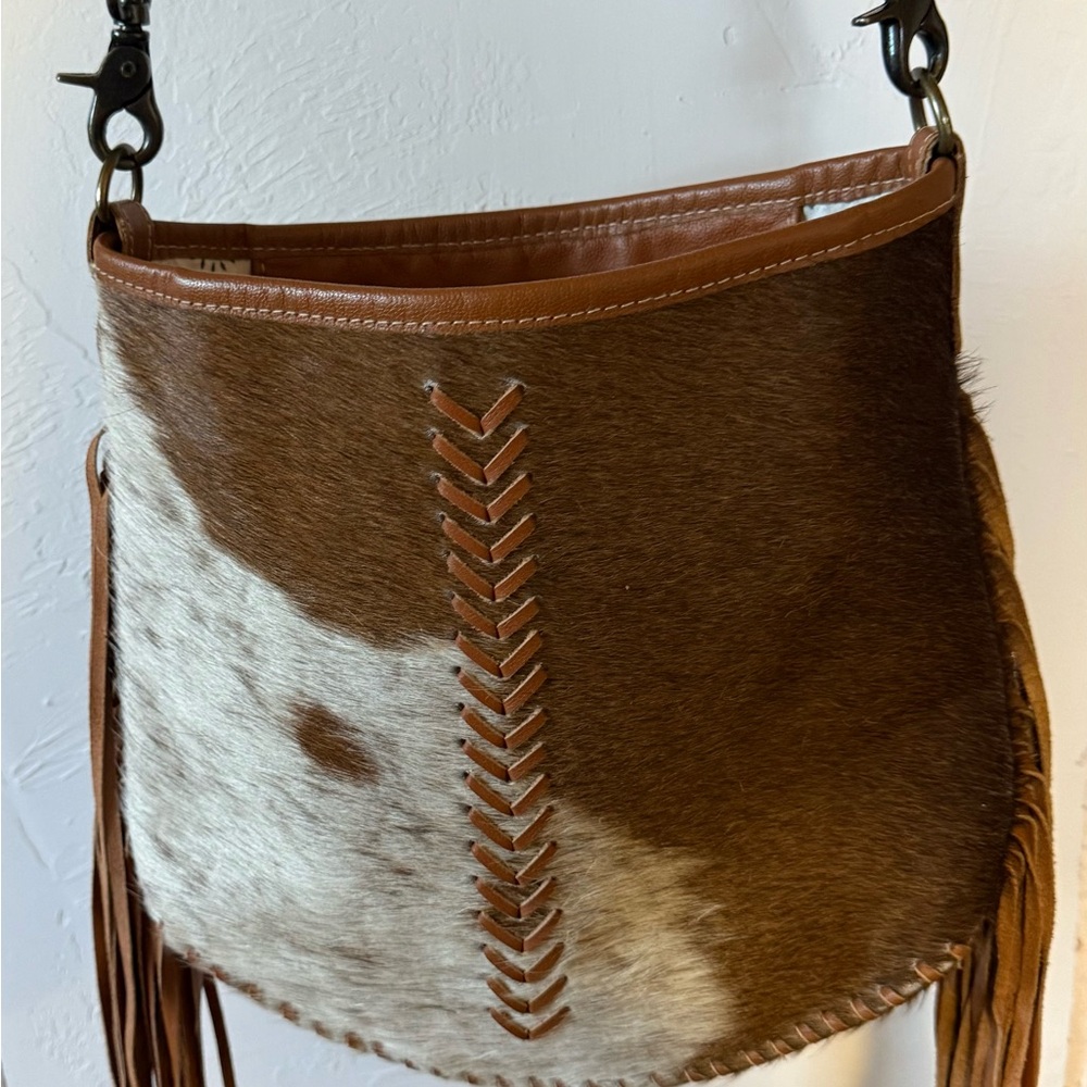Myra Bag Brown and White Cowhide Fringe Crossbody